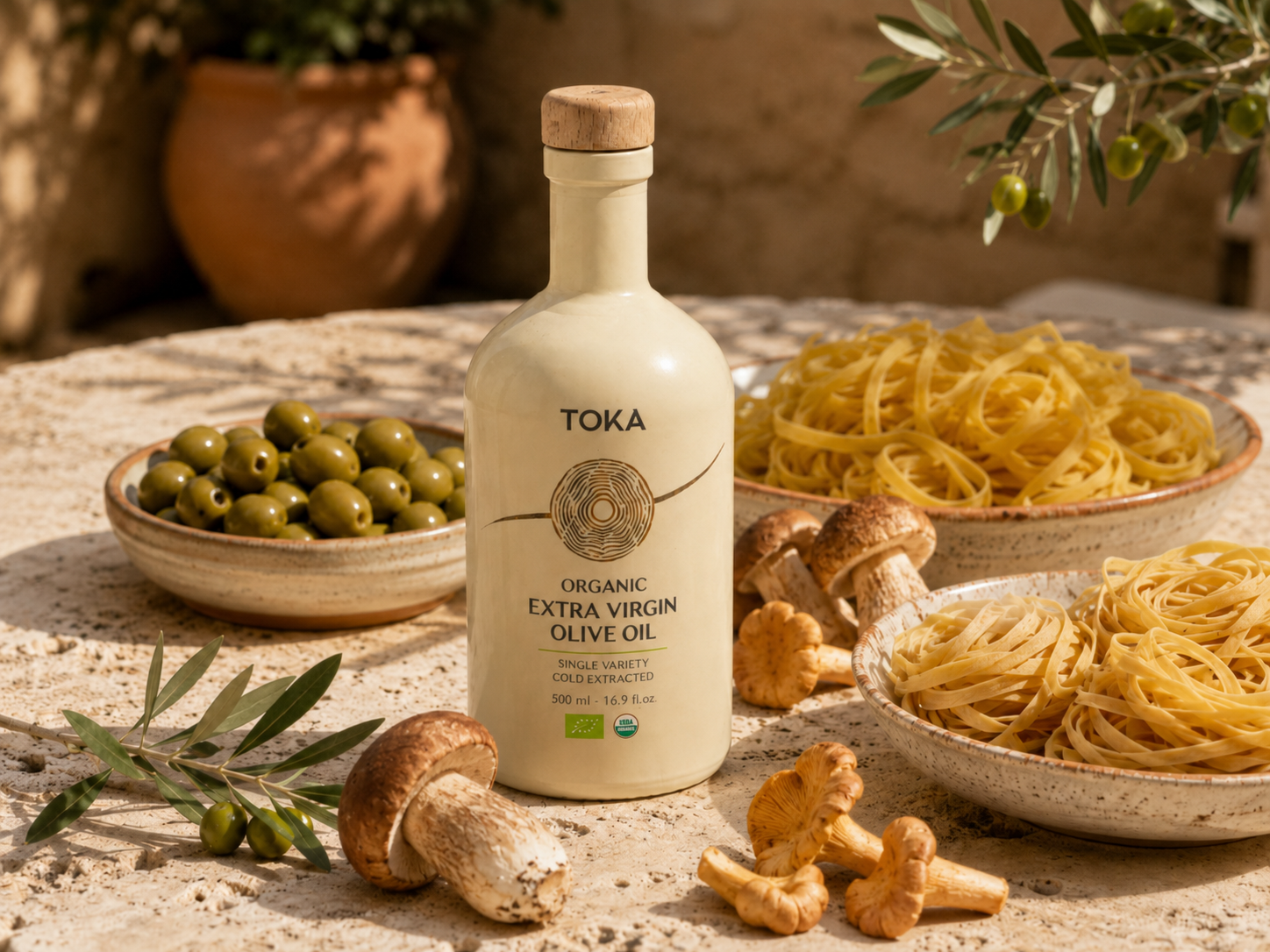 Italian pantry essentials on a sunlit limestone table